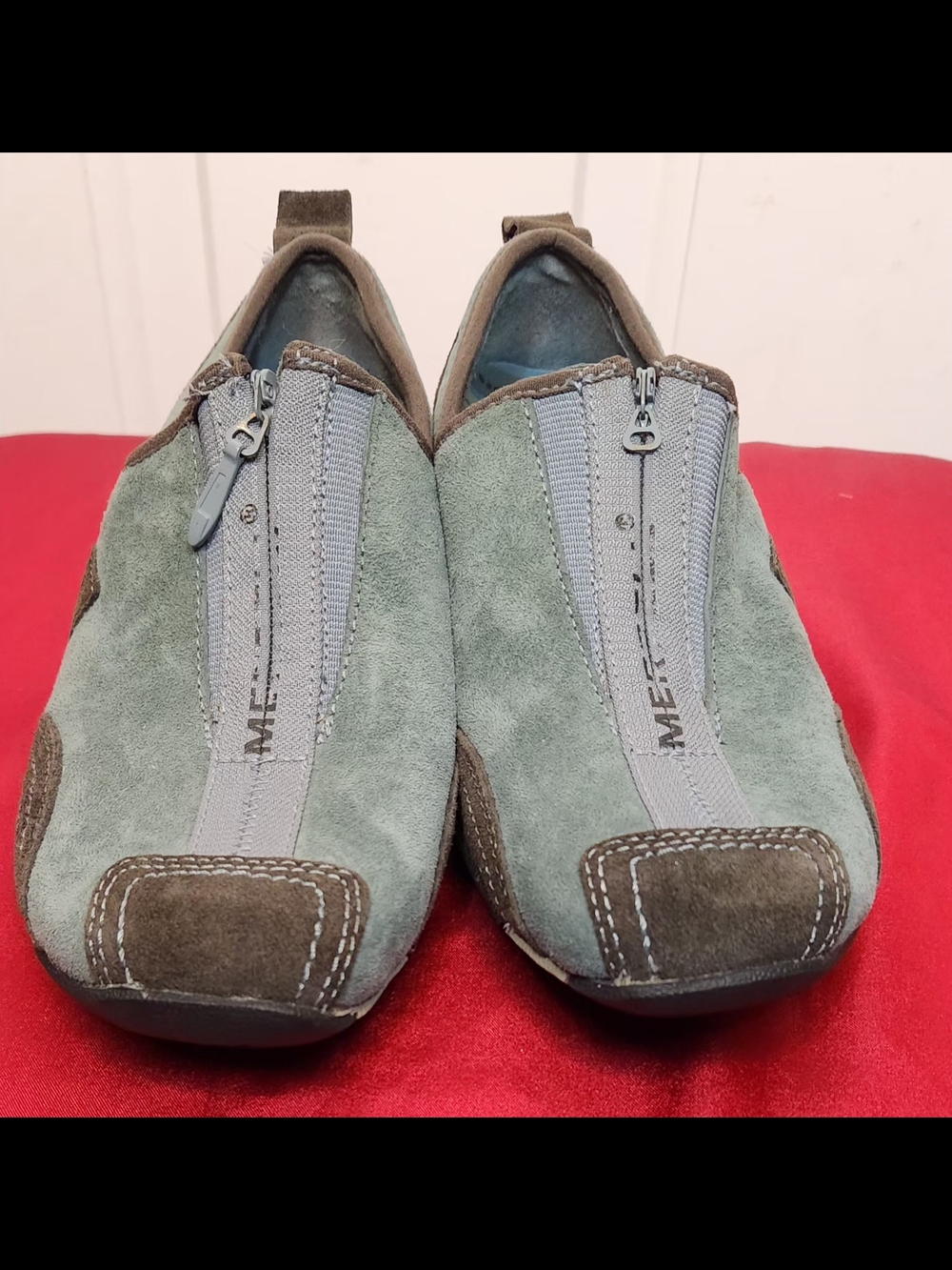 Merrell Sage Green and Brown Zip-Front Suede Slip-Ons